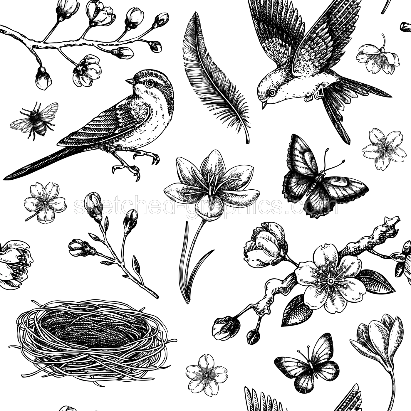 Spring background. Flying birds, sakura flowers, bird house, saffron vector illustrations. Easter design. NOT AI generated Illustration